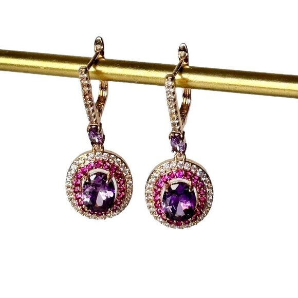 NWT Vintage Style Crystal Huggie Drop Earrings 14K Gold Plated Pink Purple - Picture 2 of 10